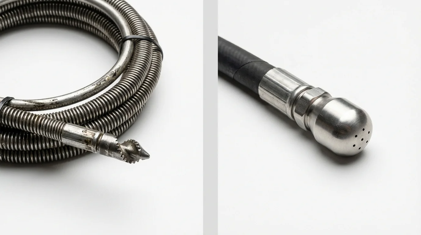 Drain snake cable and hydro jetting nozzle used for drain cleaning in Mineral Springs, AR