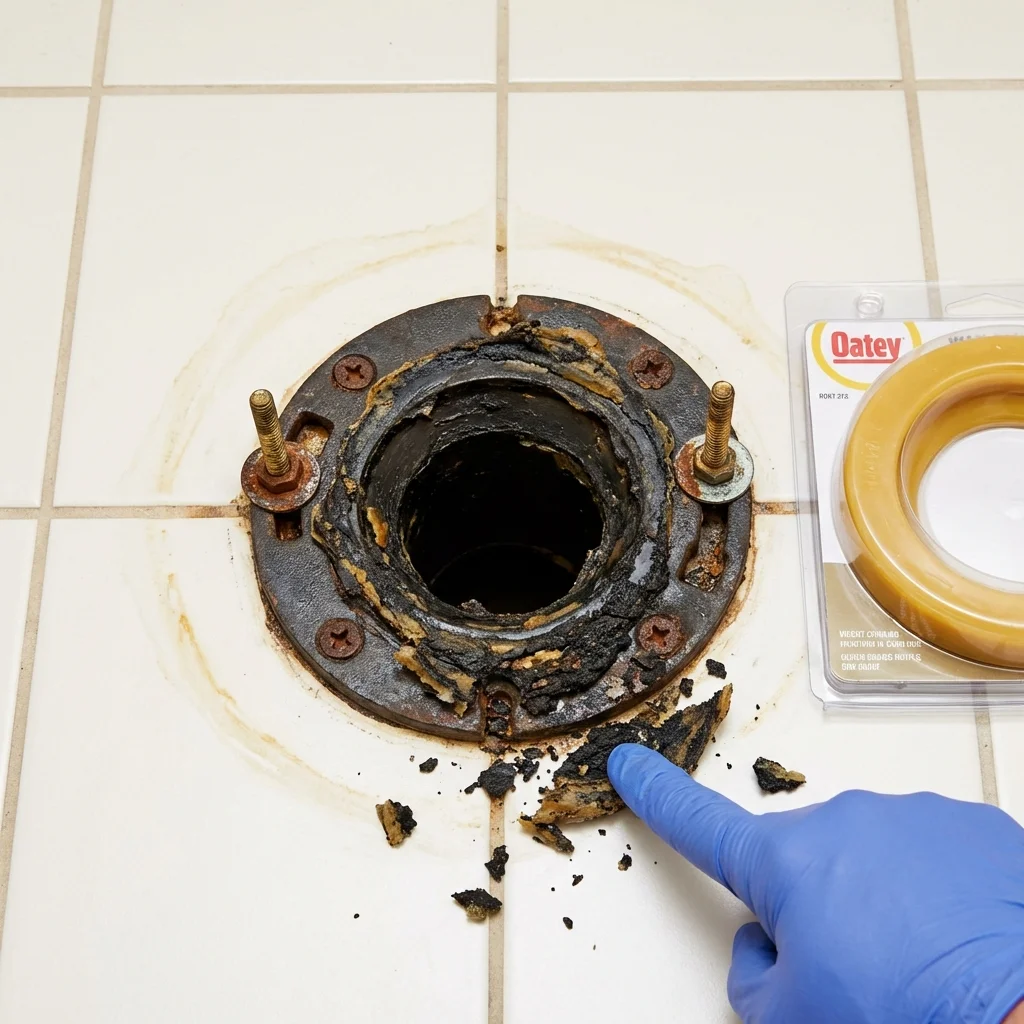 Failed wax ring showing water seepage at the base of a toilet in a Mineral Springs, AR home
