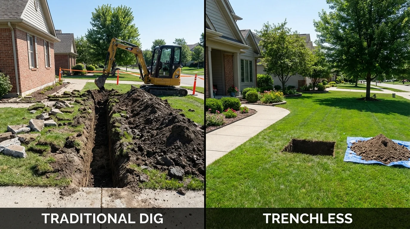 Trenchless sewer repair with minimal yard damage versus traditional excavation in Mineral Springs, AR
