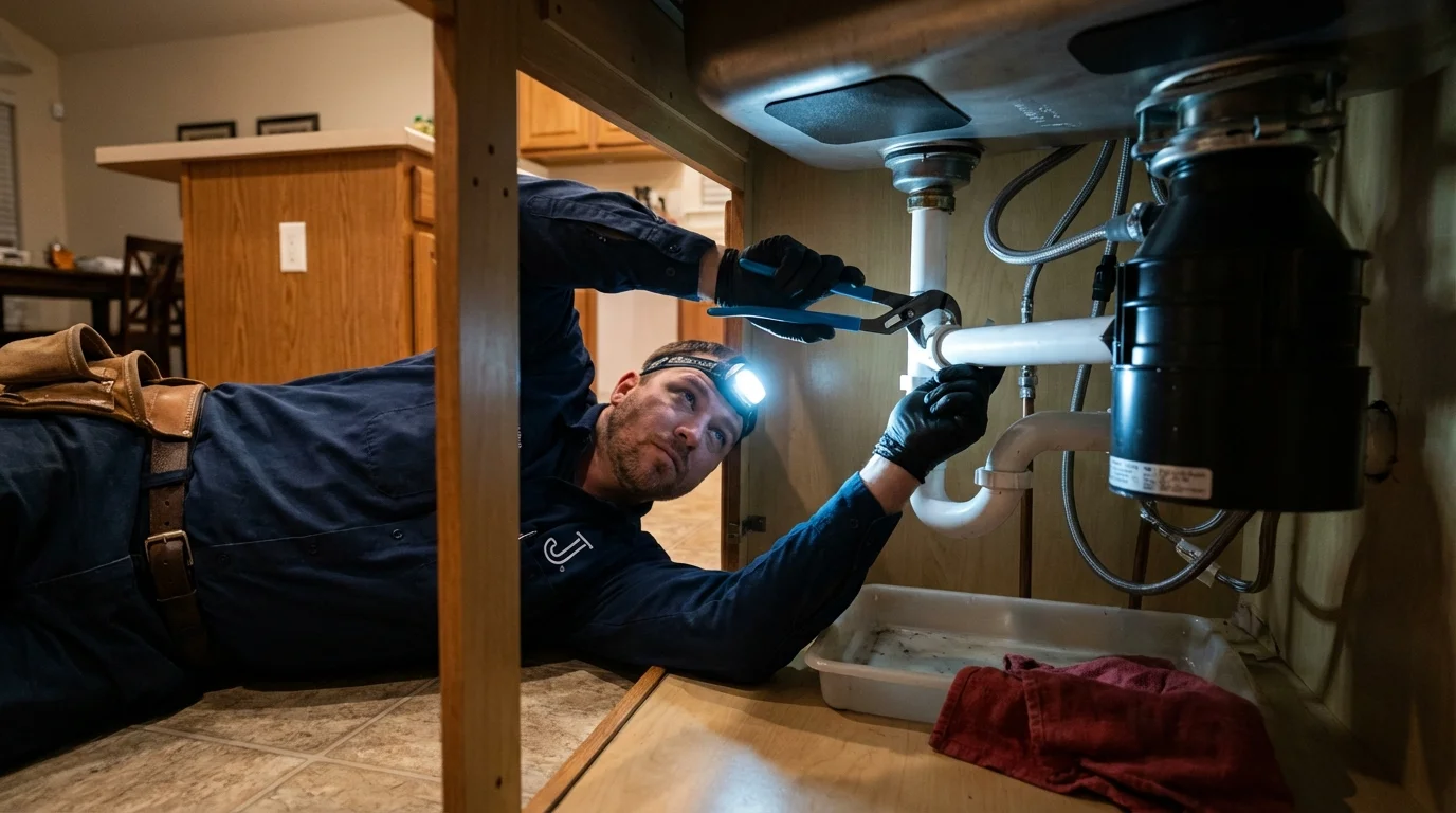 P-trap and supply line connections under a kitchen sink showing a common leak point in Mineral Springs, AR